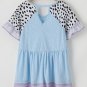 Iceland Blue Leopard Ruffled Patchwork Sleeve V Neck Blouse