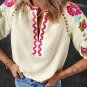 Beige Floral Embroidered Ricrac Puff Sleeve Textured Blouse