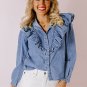 Dusk Blue Denim Ruffled Casual Top