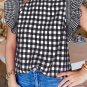 Black Checkered Ruffled Sleeve Frilled Neck Blouse