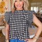 Black Checkered Ruffled Sleeve Frilled Neck Blouse