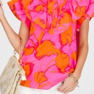Rose Floral Ruffled Trim Flutter Sleeve Summer Top