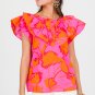 Rose Floral Ruffled Trim Flutter Sleeve Summer Top