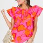 Rose Floral Ruffled Trim Flutter Sleeve Summer Top