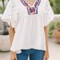 White Embroidered Puff Sleeve V Neck Blouse