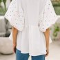 White Embroidered Puff Sleeve V Neck Blouse