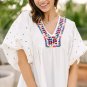 White Embroidered Puff Sleeve V Neck Blouse