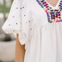 White Embroidered Puff Sleeve V Neck Blouse