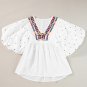 White Embroidered Puff Sleeve V Neck Blouse