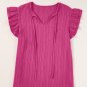 Rose Red Textured Ruffled Sleeve V Neck Top