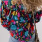 Green Floral Knot Split Neck Puff Sleeve Blouse