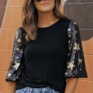 Black Star Sequin Splicing Half Sleeve Top