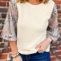 White Sequined Bell Sleeve Round Neck Blouse