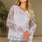 Beige Embroidered Mesh Flounce Sleeve Blouse