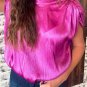 Bright Pink Ruched Sleeves Knotted Backless Blouse