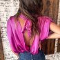 Bright Pink Ruched Sleeves Knotted Backless Blouse