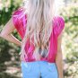 Bright Pink Ruched Sleeves Knotted Backless Blouse