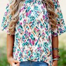 Light Blue Abstract Print Puff Sleeve Mock Neck Blouse
