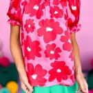 Rose Floral Puff Sleeve Frill Neckline Blouse