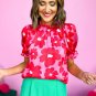 Rose Floral Puff Sleeve Frill Neckline Blouse