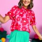 Rose Floral Puff Sleeve Frill Neckline Blouse