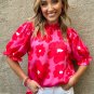 Rose Floral Puff Sleeve Frill Neckline Blouse
