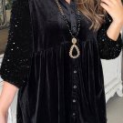 Black Sequin Puff Sleeve Buttoned Velvet Peplum Shirt