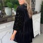Black Sequin Puff Sleeve Buttoned Velvet Peplum Shirt