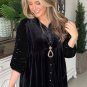 Black Sequin Puff Sleeve Buttoned Velvet Peplum Shirt
