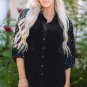Black Sequin Puff Sleeve Buttoned Velvet Peplum Shirt
