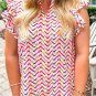 Multicolour Chevron Print Ruffled Sleeve Blouse