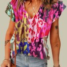 Rose Leopard Flutter Sleeve V Neck Crinkled Blouse
