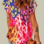 Rose Leopard Flutter Sleeve V Neck Crinkled Blouse