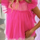 Strawberry Pink Tulle Ruffle Sleeve Flared Babydoll Blouse