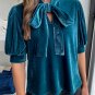 Peacock Blue Velvet Bow Tie Neck Short Sleeve Top