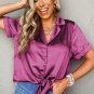 Rose Red Fold Cuffs Short Sleeve Satin Shirt