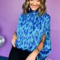 Blue Animal Printed Mock Neck Detail Caftan Top