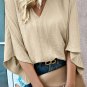 Parchment Solid V Neck Wide Sleeve Crinkled Blouse