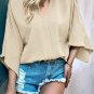 Parchment Solid V Neck Wide Sleeve Crinkled Blouse