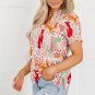 Pink Floral Print Button Frilled Short Sleeve Blouse
