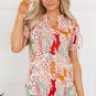 Pink Floral Print Button Frilled Short Sleeve Blouse