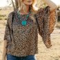 Chestnut Leopard Print Ruffle Wide Sleeve Blouse