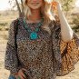 Chestnut Leopard Print Ruffle Wide Sleeve Blouse