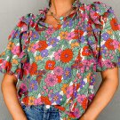 Red Floral Tie Split Neck Ruffle Puff Sleeve Blouse