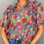 Red Floral Tie Split Neck Ruffle Puff Sleeve Blouse