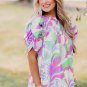 Green Abstract Print Bubble Sleeve Smock Detail Blouse