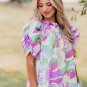 Green Abstract Print Bubble Sleeve Smock Detail Blouse
