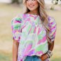 Green Abstract Print Bubble Sleeve Smock Detail Blouse