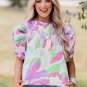 Green Abstract Print Bubble Sleeve Smock Detail Blouse
