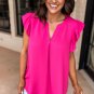 Rose Red Notched Neck Ruffle Sleeve Blouse